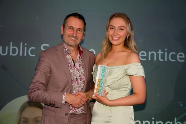 Phil Bramley and winner of the Health and public service award Erin Cunningham - Burley