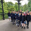Pictured: Project leader Andrea Lewis (middle row) and Buxton Town Team chair Lesley Caddy (rear) with Y7 students from Buxton Community School who took part in last year’s Town Protectors pilot.
