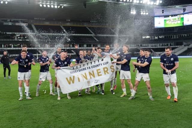 Celebrations as Buxton FC retain the Derbyshire FA cup and become record breaking winners for the 12th time. Photo Buxton FC