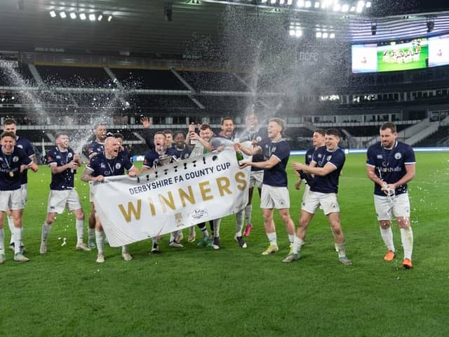 Celebrations as Buxton FC retain the Derbyshire FA cup and become record breaking winners for the 12th time. Photo Buxton FC
