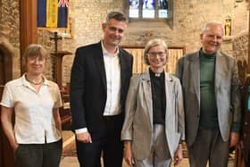 Rev Frances Ecclestion centre with candidates (from left) Green, Labour, Liberal Democrats, Reform.