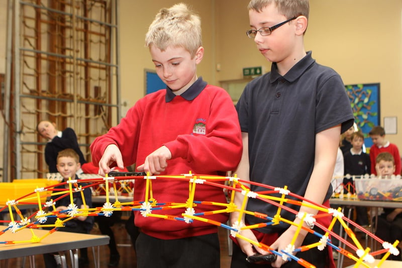 Testing a design in the bridge building challenge at Chinley Primary's science day. Photo Jason Chadwick