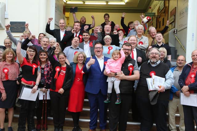 High Peak councillor Rachel Abbotts, fourth left, during Labour's victory at the local elections in 2019