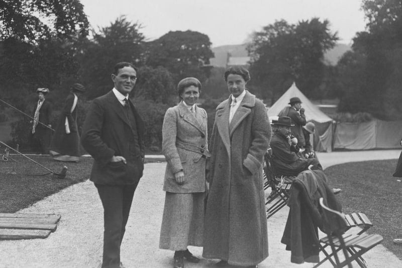 From left to right, Mr DR Larcombe, Miss Longhurst and tennis player Ethel Thomson Larcombe at the Buxton Lawn Tennis tournament on 17th August 1912.