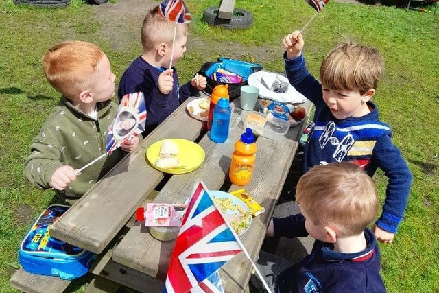 Some of the Bridgemont Nursery youngsters having a patriotic lunch for the King's coronation. Pic Bridgemont Nursery