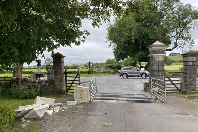 The gate pillar at the Tissington Estate in the village was destroyed by an ‘errant tractor and trailer’ about a week ago, on June 30. (Photo: Tissington Estate)