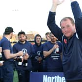 Steve Cunningham celebrates Buxton's title win. He will not lead the club into the National League North after resigning shortly after.