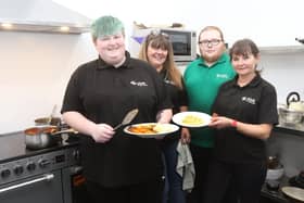 Jane Kirk-Bagshaw with head chef Charlotte Hallam and volunteers Stephanie Bradley and Cameron Fenton-Tracey