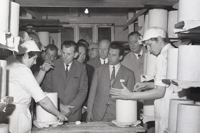 German visitors watching Stilton cheese being made at the Hartington Creamery in 1967