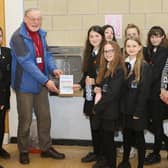 Buxton Community School plastic free status, Derek Bodey and Frances Sussex of Transition Buxton congratulate the school's Climate Action Group. Pic Jason Chadwick
