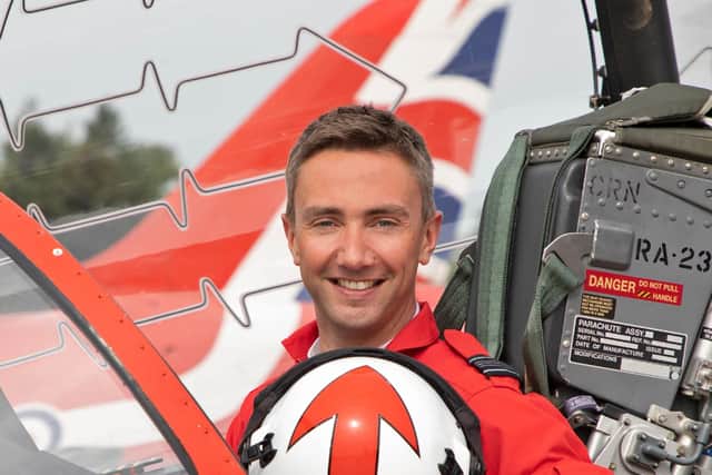 Nick Critchell, current Squadron Leader (Red 3) of the Royal Air Force Aerobatic Team wearing the donated suit. Photo  Ministry of Defence press