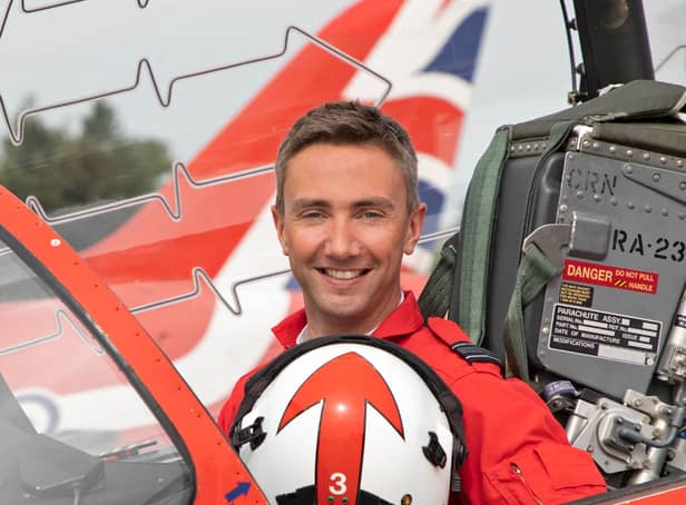 Nick Critchell, current Squadron Leader (Red 3) of the Royal Air Force Aerobatic Team wearing the donated suit. Photo  Ministry of Defence press