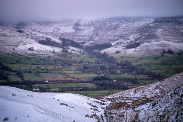 Snow covers the tops of the hills in the Peak District, near Edale (Photo by Christopher Furlong/Getty Images)