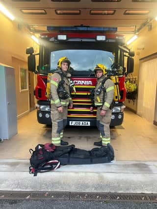 Dan Jackson and Chris Prodromis, ran the Manchester Half Marathon on Sunday October, 15 while wearing their full firefighter’s kit and breathing apparatus and dragging a 50kg dummy with them throughout the race. Photo submitted