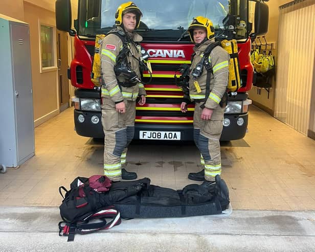 Dan Jackson and Chris Prodromis, ran the Manchester Half Marathon on Sunday October, 15 while wearing their full firefighter’s kit and breathing apparatus and dragging a 50kg dummy with them throughout the race. Photo submitted