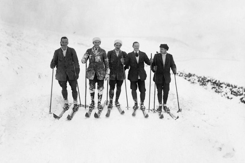 Messrs Riddick, Whitehead, Schaaming, Jeffcoate and Johnstone out skiing near Buxton in November 1912.