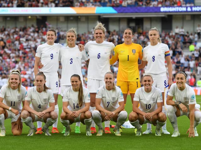 Millie Bright and her England team-mates pose for a photo prior to the UEFA Women's Euro 2022 group A match between England and Norway.