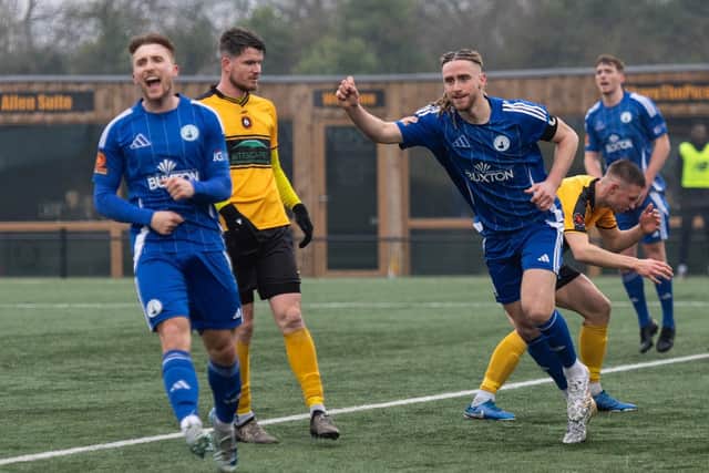 Kieran Burton celebrates scoring at Rushall. Photo: Phil Peat.