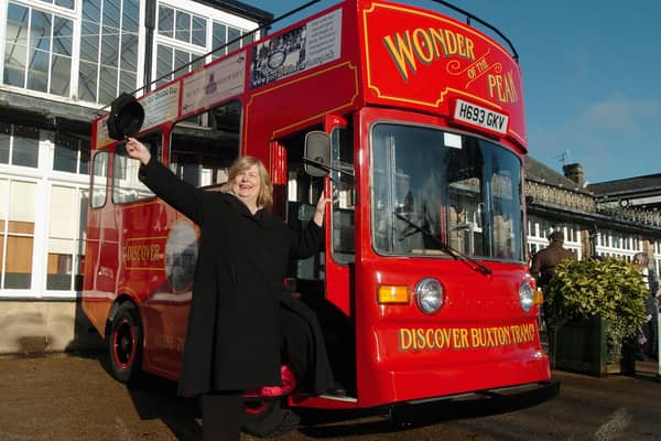 Netta Christie with the Discover Buxton tram. Photo Jason Chadwick