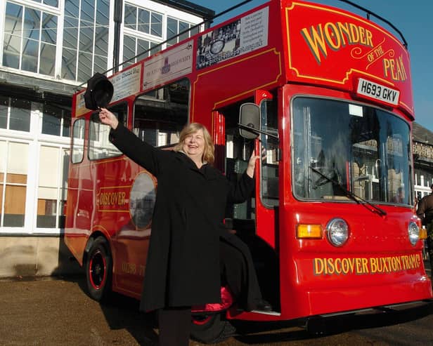 Netta Christie with the Discover Buxton tram. Photo Jason Chadwick