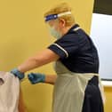 Robert Stopford-Taylor getting the vaccine from practice nurse Sue Hewitt at Stubley Medical Centre, Dronfield Woodhouse.