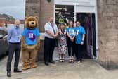 Photo from left to right – Timothy Mourne (Chairman of Blythe House Hospice), Blythe Bear, Jason Kni