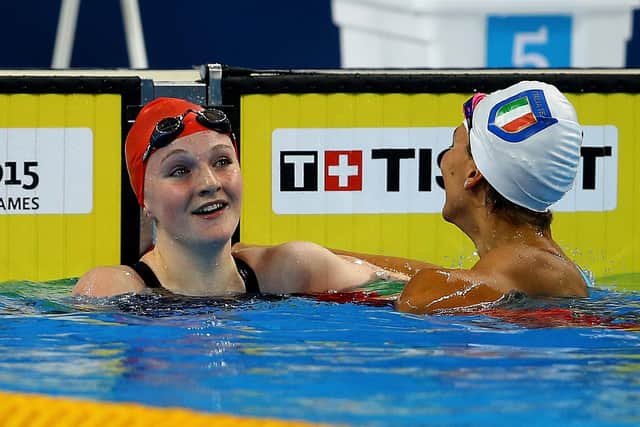 Gold medalist Abbie Wood celebrates after winning the 400m Individual Medley final at the 2015 European Games. (Photo by Richard Heathcote/Getty Images for BEGOC)