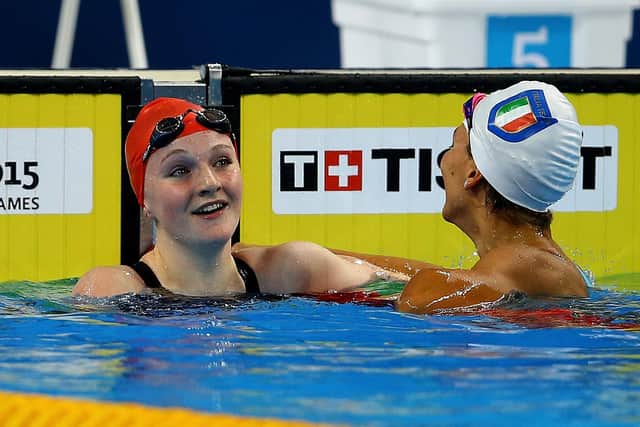 Gold medalist Abbie Wood celebrates after winning the 400m Individual Medley final at the 2015 European Games.  (Photo by Richard Heathcote/Getty Images for BEGOC)