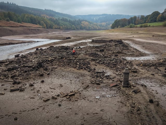 An aerial view of the ruins of Derwent Village, flooded in the 1940s to provide drinking water for the East Midlands and Sheffield, exposed due to the low water level at Ladybower Reservoir amid drought conditions. (Photo by Christopher Furlong/Getty Images)