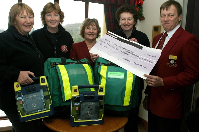 Chapel Golf Club, annual captain's charity presentation, neighborhood first responders Gaynor Harding, Helen Bastock and Jane Butler with immediate past captains Lynn Preston and Peter Booth. £3,200