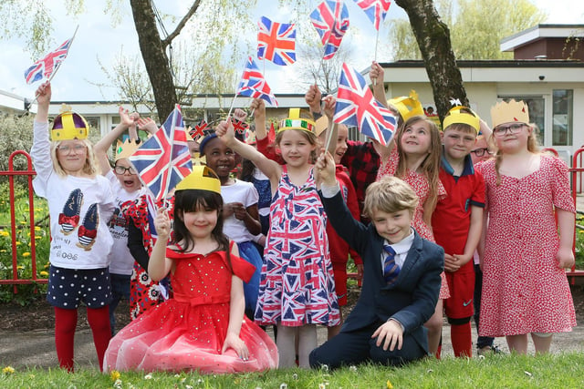Fairfield Infant School all dressed up in red white and blue. Pic Jason Chadwick