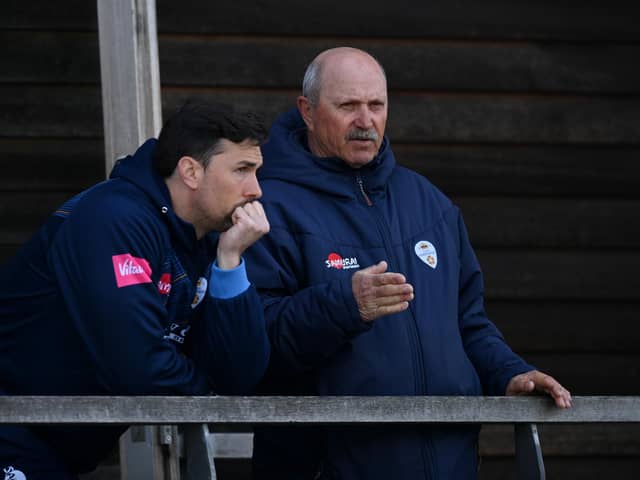 Derbyshire coach Dave Houghton speaks with Billy Godleman during the LV= Insurance County Championship match between at Derbyshire and Nottinghamshire. (Photo by Gareth Copley/Getty Images)