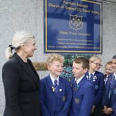 Head Jane Mercer and Fairfield Endowed Junior School pupils - picture was taken after the Ofsted report but before the parents complaints were brought to The Advertiser. Photo Jason Chadwick