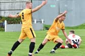 Adam Muir and Kyle Hawley appeal for a penalty against Brigg. Photo by John Fryer.