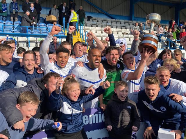 Buxton FC celebrate winning the Northern Premier League.