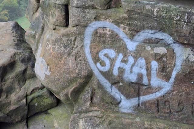 Recent graffiti left at Robin Hood's Cave on Stanage Edge. (Photo: Peak District National Park Authority)