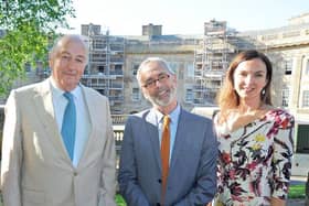 Liz Mackenzie with the Duke of Devonshire and Buxton Crescent Heritage Trust Chairman James Berresford