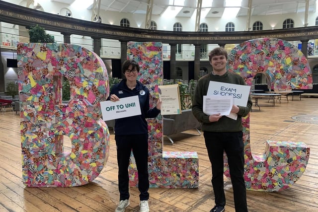 Marissa and Harry were the first people to collect their A-level results from Buxton and Leek College. Photo submitted
