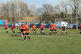 Action from the semi final between Hayfield and Youlgreave United. Pic: Giles Wyatt