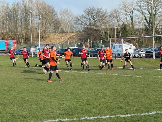 Action from the semi final between Hayfield and Youlgreave United. Pic: Giles Wyatt