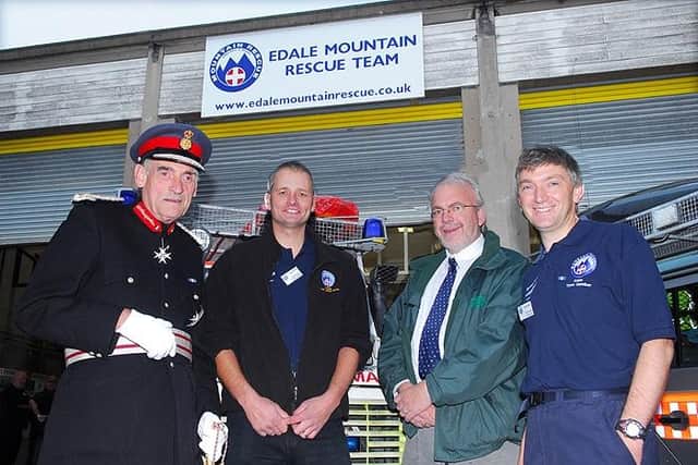 John Bather, Lord Lieutenant of Derbyshire; Ian Bunting, Edale Mountain Rescue Team leader; John Capewell, Lafarge Cement’s special projects manager; and Rob Small, Chairman of Edale Mountain Rescue Team, at the new base opening in 2007
