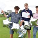 From left, Buxton boys Ben O’Donnell, Xavier Moore and Toby Denton celebrate their A-level results. (Photo: Michael Carter/King's School)
