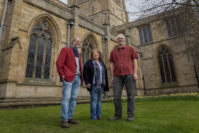 Buxton playwright Mary Hennessy with Martin Coslett, left, and Peter Gray of Ashgate Heritage Arts.