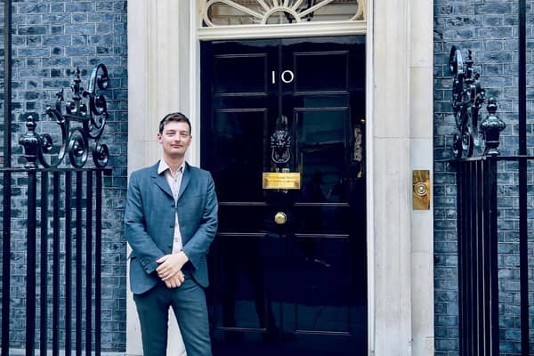 Matt Taylor stood outside 10 Downing Street ready to go and talk to the Prime Minister's Advisors about the issues with artificial intelligence in the music industry. Photo submitted