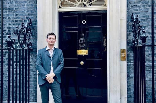 Matt Taylor stood outside 10 Downing Street ready to go and talk to the Prime Minister's Advisors about the issues with artificial intelligence in the music industry. Photo submitted