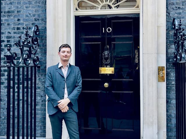 Matt Taylor stood outside 10 Downing Street ready to go and talk to the Prime Minister's Advisors about the issues with artificial intelligence in the music industry. Photo submitted