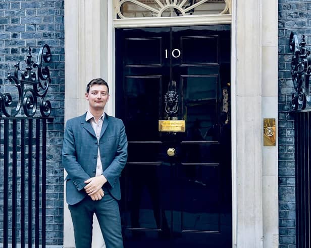 Matt Taylor stood outside 10 Downing Street ready to go and talk to the Prime Minister's Advisors about the issues with artificial intelligence in the music industry. Photo submitted