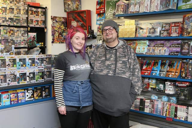 Lee Hadfield of Grove Goodies and Geekery with Megan Huntsman who shares the space to sell drinks and home made treats