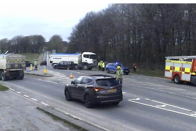 The scene of the accident at Brierlow Bar on Wednesday, March 22. Photo by Michael Hilton at www.buxtonweather.co.uk