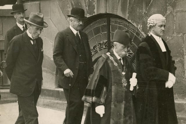 Buxton civic leaders including the mayor, clerk of the borough and the 9th Duke of Devonshire (centre) in the Crescent outside the Old Hall Hotel in the 1920s